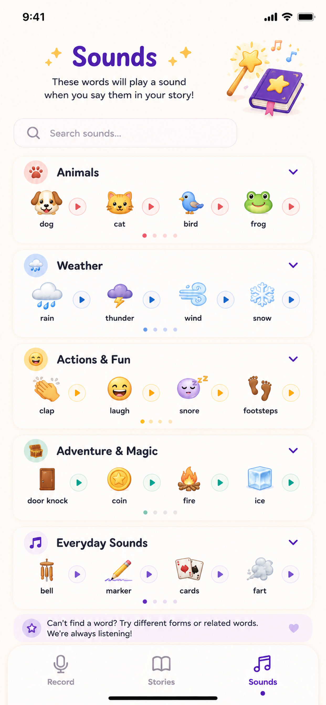 WhizzyTales story playback and saved details screen